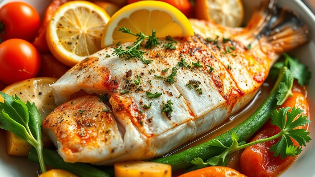 A beautifully plated catfish dish garnished with fresh herbs and lemon, surrounded by vibrant seasonal vegetables, captured in natural lighting with elegant detail