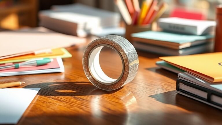 A shimmering roll of cellophane tape glistens in natural light, centered on a polished wooden desk surrounded by colorful stationery, capturing elegance and perfection