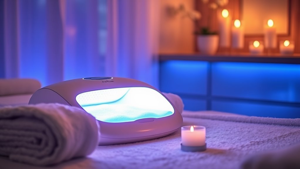A serene spa setting with a glowing Celluma light therapy device, surrounded by soft towels and candles, capturing tranquil elegance in natural lighting