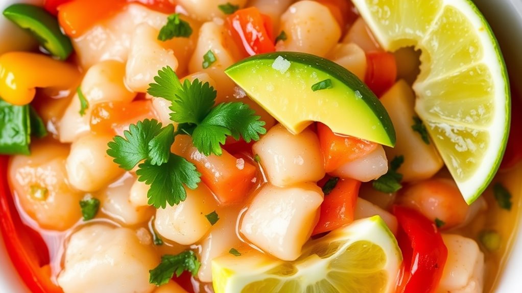 A vibrant bowl of ceviche, glistening with fresh lime juice, garnished with cilantro and sliced avocado, surrounded by colorful peppers and a sprinkle of sea salt