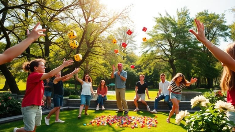 A vibrant, sunlit park scene with people joyfully tossing colorful dice, surrounded by lush greenery and blooming flowers, capturing the essence of chance and spontaneity