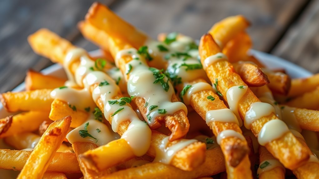 A close-up shot of golden, crispy cheddar fries drizzled with melted cheese, garnished with fresh herbs, set against a rustic wooden table, natural light enhancing their shimmer