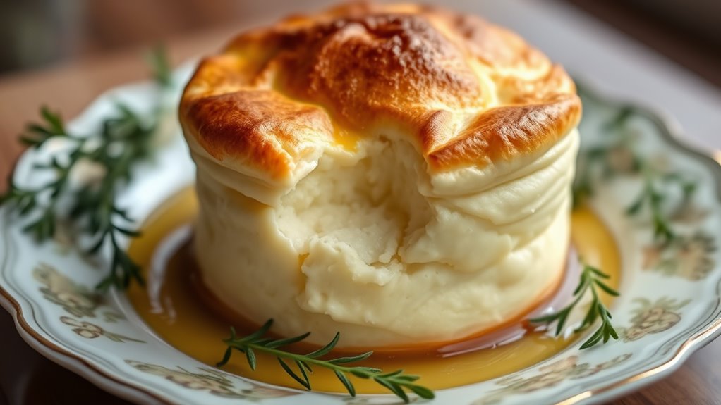 A perfectly risen cheese soufflé, golden and puffed, on a delicate china plate, surrounded by fresh herbs, with soft natural light highlighting its texture and elegance