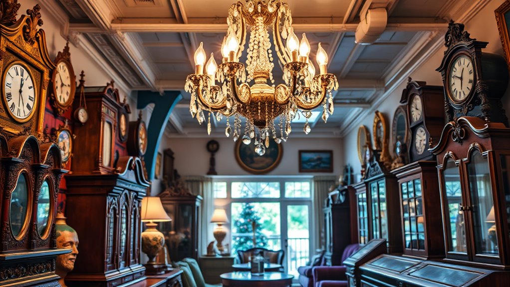 A beautifully arranged antique store, showcasing a gleaming Victorian chandelier, ornate furniture, and vintage clocks, all captured in rich HDR detail with an elegant perspective