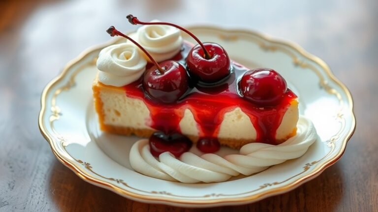 A decadent slice of cherry cheesecake, topped with glistening red cherries, surrounded by delicate swirls of whipped cream, elegantly placed on a vintage plate, natural lighting