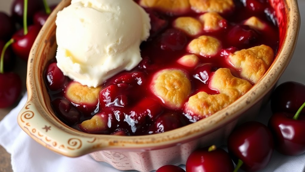 A luscious cherry cobbler in a rustic ceramic dish, glistening with a golden-brown crust, surrounded by fresh cherries and a scoop of vanilla ice cream, all captured in natural light