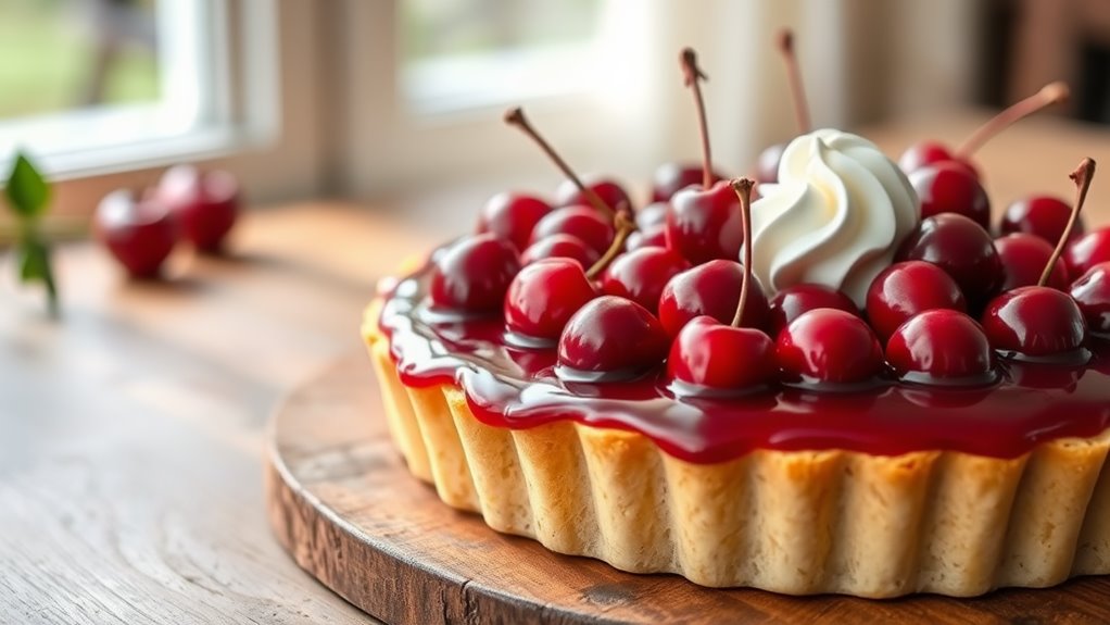 A vibrant, glossy cherry tart adorned with fresh cherries and whipped cream, elegantly placed on a rustic wooden table, bathed in soft natural light