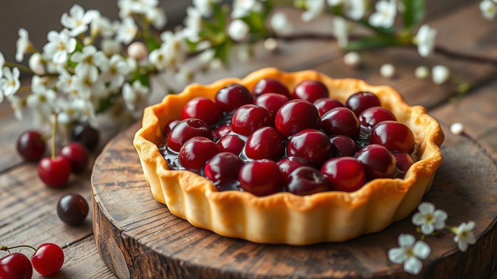 A beautifully arranged cherry tart on a rustic wooden table, glistening with fresh cherries and a golden crust, surrounded by delicate blossoms in soft, natural light