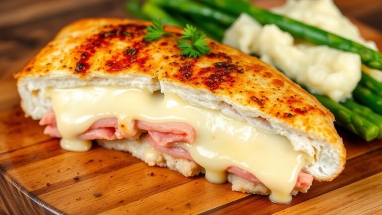 A golden-brown chicken cordon bleu, oozing melted cheese and ham, garnished with fresh parsley, served on a rustic wooden table with a side of creamy mashed potatoes and vibrant green asparagus