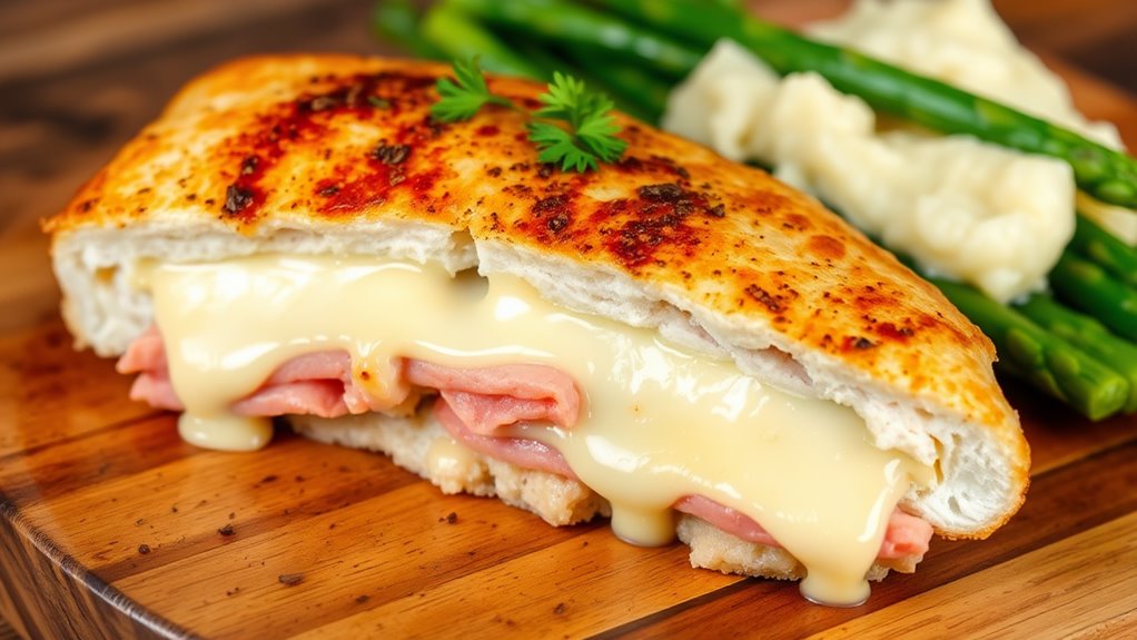 A golden-brown chicken cordon bleu, oozing melted cheese and ham, garnished with fresh parsley, served on a rustic wooden table with a side of creamy mashed potatoes and vibrant green asparagus