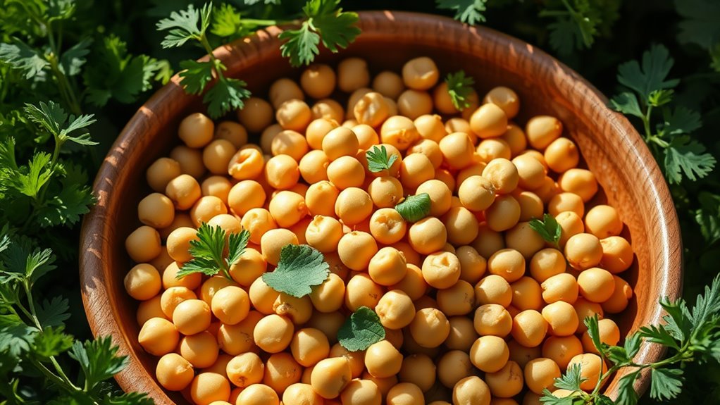 A vibrant bowl of fresh chickpeas surrounded by lush green herbs, bathed in natural light, showcasing their texture and color in stunning detail