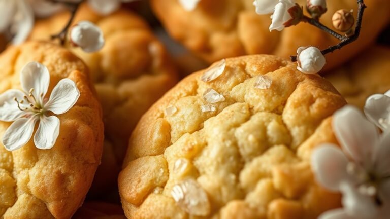 A close-up of golden-brown almond cookies, glistening with a light sugar glaze, surrounded by delicate almond blossoms, captured in rich HDR detail, elegant perspective
