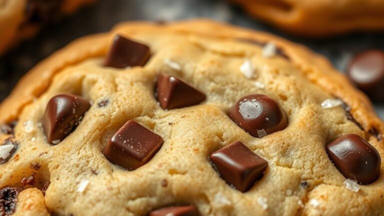 A close-up of a freshly baked chocolate chip cookie, golden-brown edges, melting chocolate chips glistening, surrounded by a sprinkle of sea salt, warm and inviting