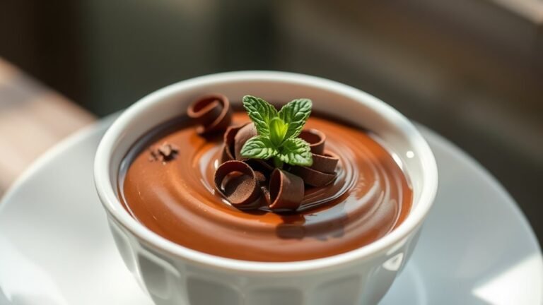 A luxurious bowl of rich, glossy chocolate custard, topped with delicate chocolate curls and a sprig of mint, beautifully illuminated by soft, natural light