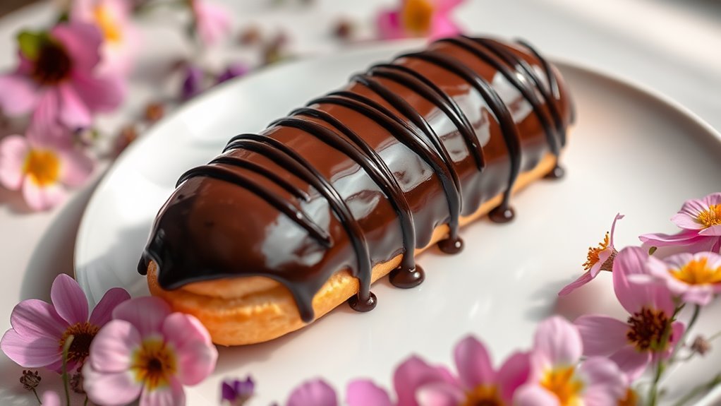 A luxurious chocolate éclair drizzled with glossy dark chocolate, elegantly placed on a porcelain plate, surrounded by delicate edible flowers, illuminated by soft natural light