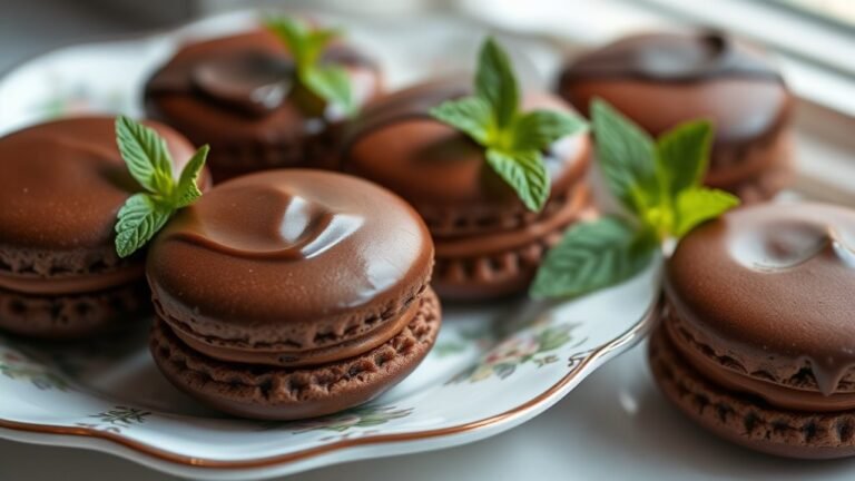 A close-up of glossy chocolate macaroons, delicately arranged on a vintage porcelain plate, adorned with sprigs of fresh mint, under soft natural lighting