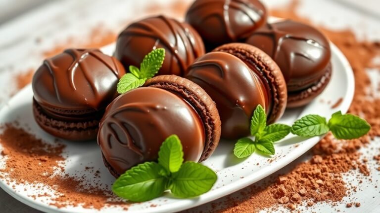 A beautifully arranged plate of chocolate macaroons, glistening with rich chocolate glaze, surrounded by delicate cocoa dust and fresh mint leaves, captured in natural lighting