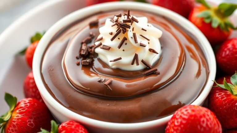 A creamy bowl of rich chocolate pudding, elegantly garnished with a dollop of whipped cream and chocolate shavings, surrounded by fresh strawberries, captured in natural lighting