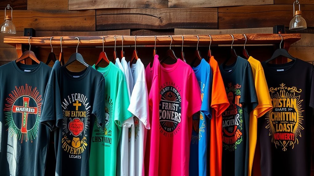 A vibrant display of colorful Christian-themed t-shirts hanging on a rustic wooden rack, illuminated by soft natural light, showcasing intricate designs and messages