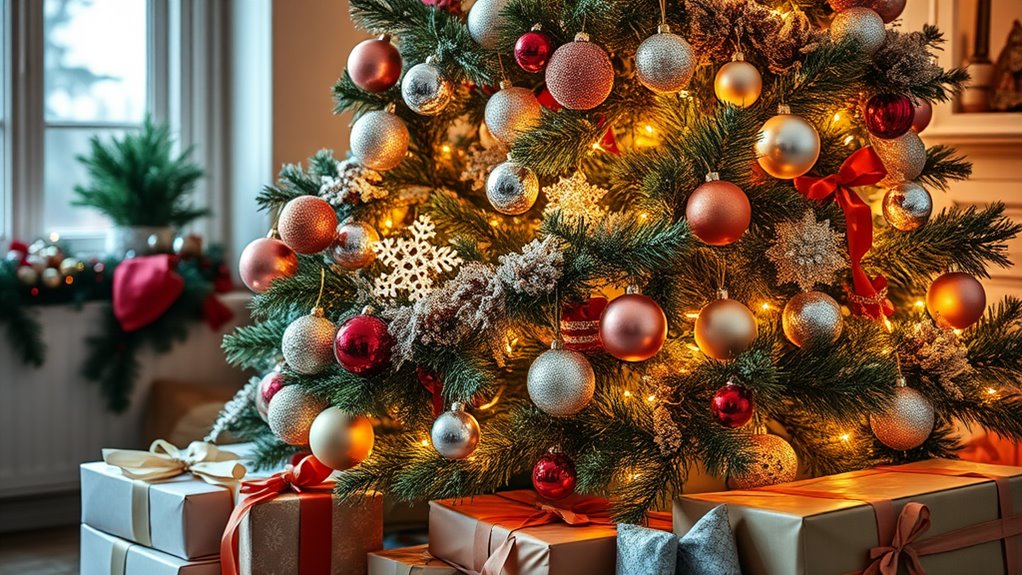 A beautifully decorated Christmas tree adorned with shimmering ornaments, twinkling lights, and elegant garlands, surrounded by wrapped gifts, captured in warm natural lighting