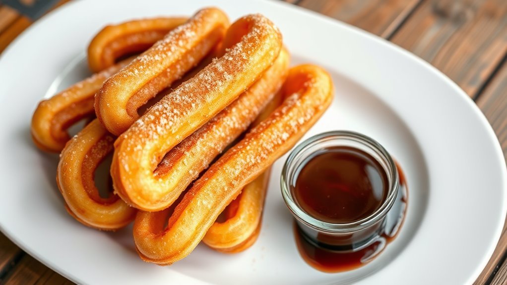 A beautifully arranged plate of golden-brown churros dusted with cinnamon sugar, drizzled with rich chocolate sauce, set against a rustic wooden table, natural lighting