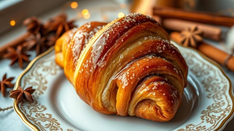 A warm, freshly baked cinnamon crescent on an ornate plate, glistening with sugar glaze, surrounded by delicate spices and soft, golden light