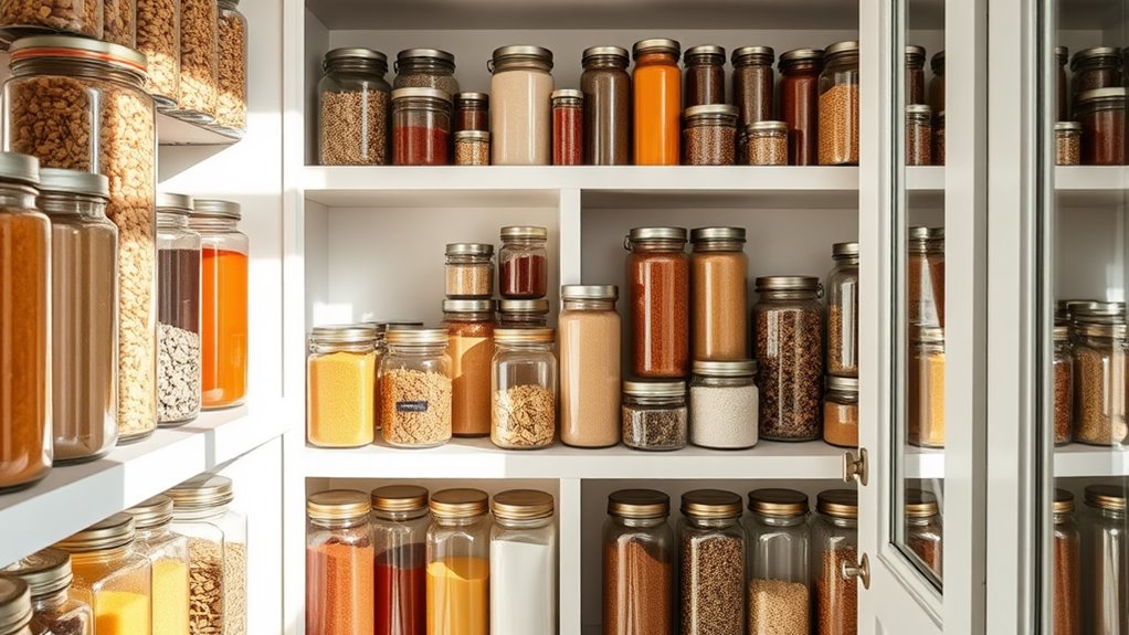 A beautifully organized pantry with clear glass jars filled with colorful spices and grains, basking in natural light, showcasing meticulous arrangement and elegance