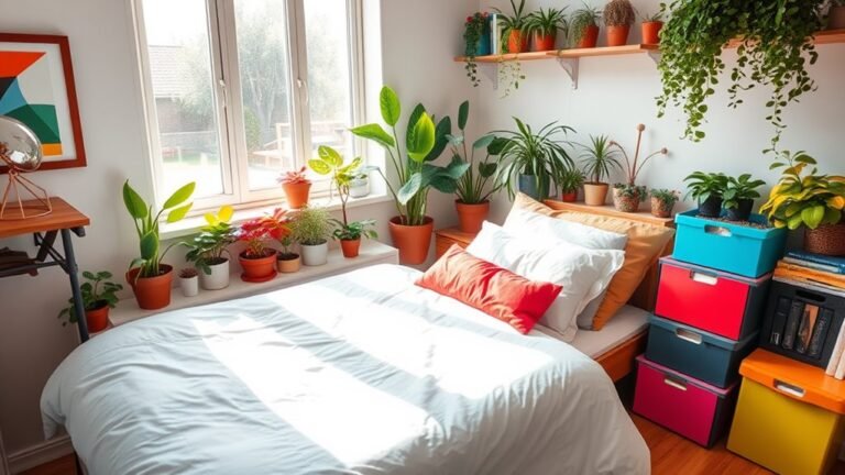 A beautifully organized room with sunlight streaming through a window, showcasing a neatly made bed, vibrant plants, and colorful storage boxes, all in harmonious arrangement