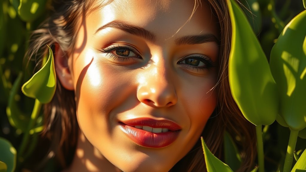 A close-up of a sun-kissed face with glowing skin, surrounded by vibrant green plants, bathed in warm natural light, showcasing healthy, radiant skin