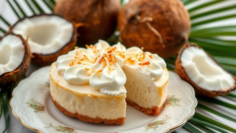 A beautifully crafted coconut cream pie, topped with fluffy whipped cream and toasted coconut flakes, elegantly displayed on a vintage plate, surrounded by fresh coconuts and tropical leaves