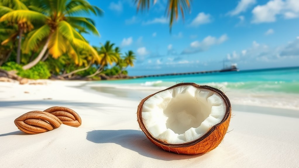 A lush tropical beach scene, featuring a perfectly cracked coconut resting on soft white sand, with palm trees swaying and crystal-clear waves gently lapping in the background