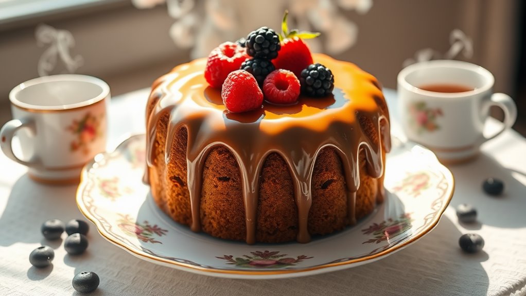 A decadent coffee cake adorned with a glossy glaze, topped with fresh berries, elegantly displayed on a vintage porcelain plate, surrounded by steaming coffee cups in soft natural light