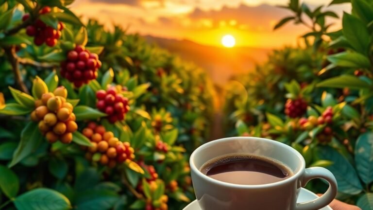 A vibrant Brazilian coffee plantation at sunrise, with lush green coffee plants, glistening coffee cherries, and a steaming cup of coffee in the foreground