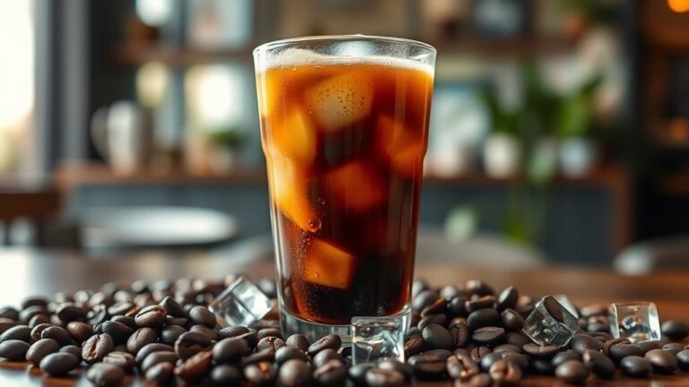 A beautifully crafted glass of cold brew coffee, glistening with condensation, surrounded by coffee beans and ice cubes, captured in soft natural lighting with a blurred café backdrop
