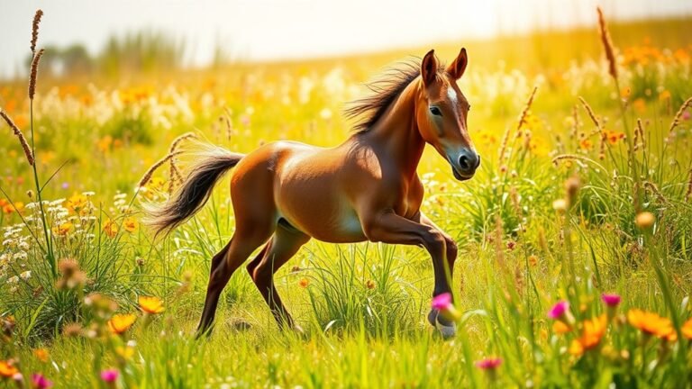 A majestic colt frolicking in a sunlit meadow, surrounded by vibrant wildflowers and lush green grass, captured in stunning detail with shimmering highlights