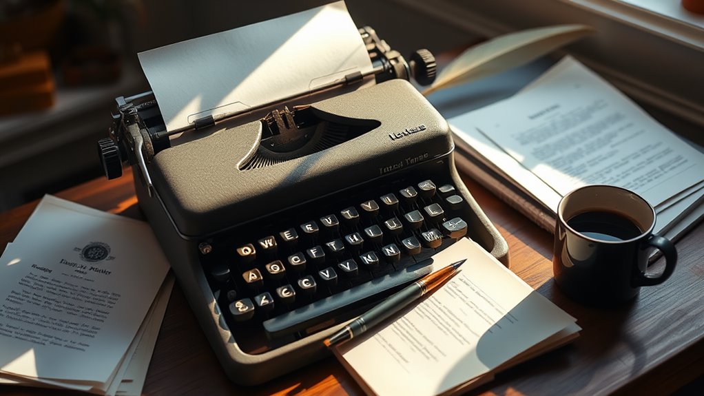 A vintage typewriter with scattered papers, a steaming cup of coffee, and a quill pen, all illuminated by soft morning light, creating an inviting writer's workspace