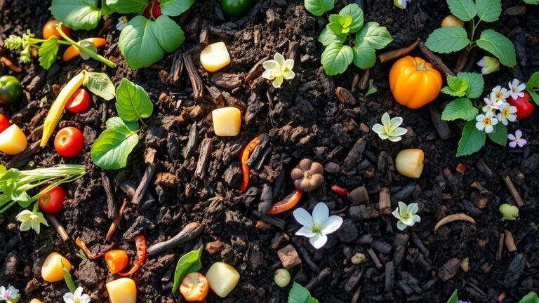 A vibrant compost pile overflowing with rich, dark soil, surrounded by colorful vegetable scraps, lush green leaves, and delicate flowers, all illuminated by soft natural light