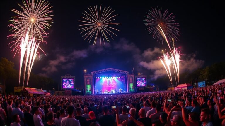 A vibrant outdoor concert scene, with a diverse crowd enjoying live music, colorful stage lights illuminating the night, and fireworks bursting above
