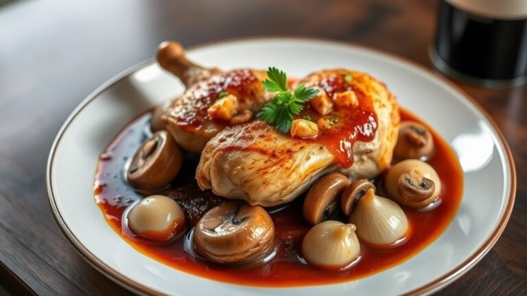 A beautifully plated coq au vin with tender chicken, rich red wine sauce, mushrooms, and pearl onions, garnished with fresh herbs, captured in natural light
