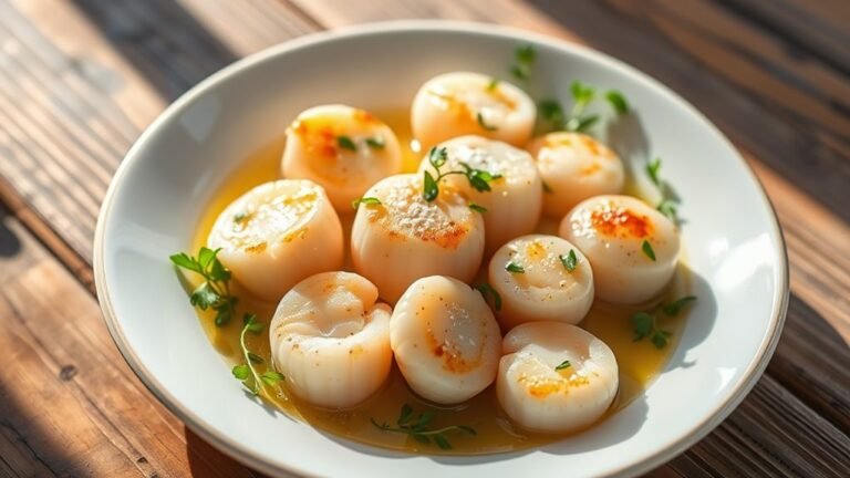 A beautifully arranged plate of Coquilles Saint Jacques, garnished with fresh herbs, set against a rustic wooden table. Natural light highlights the dish's shimmering scallops and elegant presentation