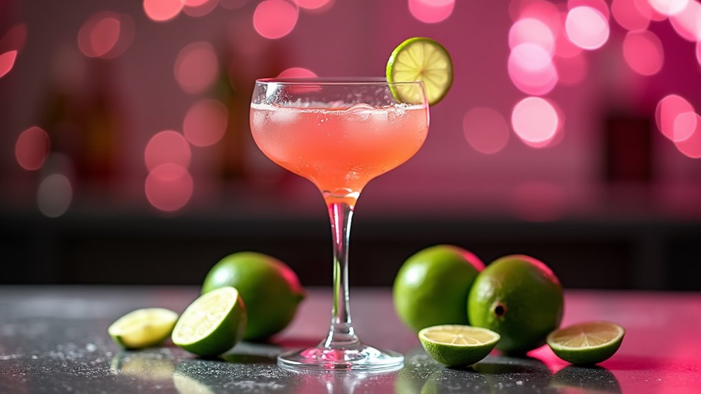 A vibrant, elegantly set bar scene featuring a sparkling Cosmopolitan cocktail in a crystal glass, surrounded by fresh lime slices and a chic, shimmering backdrop