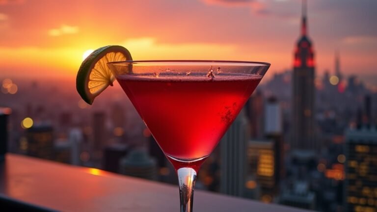 A perfectly crafted cosmopolitan cocktail in a crystal glass, garnished with a lime twist, set against a vibrant city skyline at sunset, shimmering lights