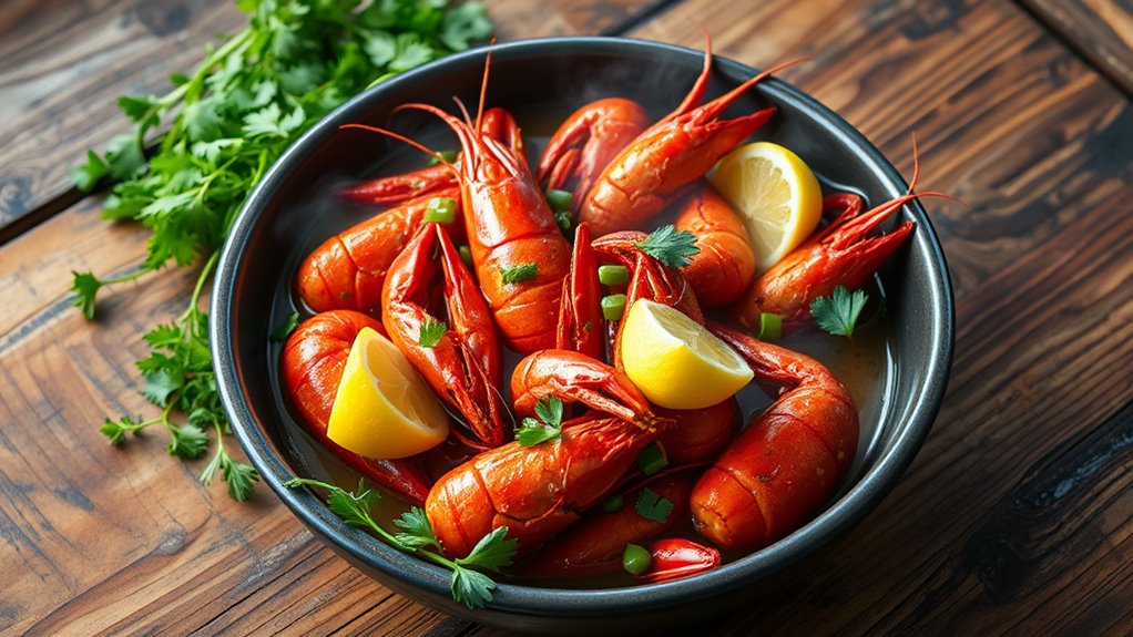 A vibrant, steaming bowl of spicy crawfish, surrounded by fresh herbs and lemon slices, set against a rustic wooden table, bathed in soft, natural light