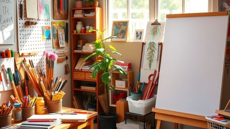 A vibrant workspace overflowing with colorful art supplies, a blank canvas, and a blooming plant, all bathed in warm, natural light, creating an inspiring atmosphere
