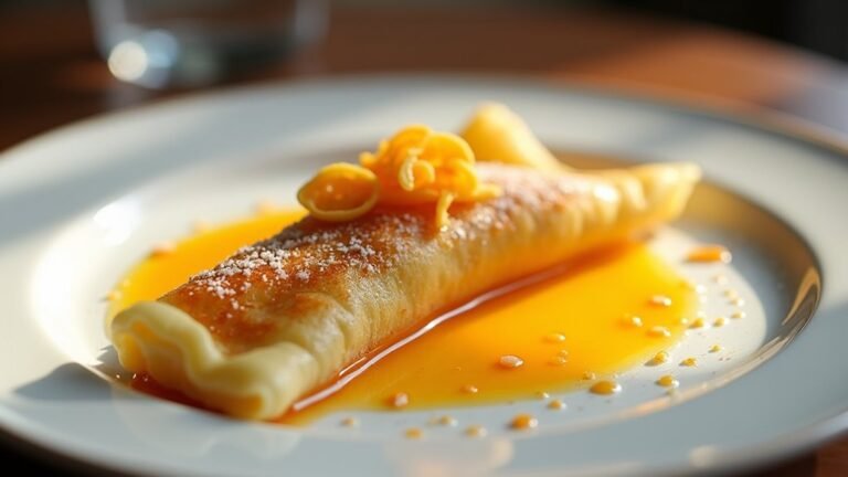 A beautifully plated crepe Suzette, glistening with orange sauce and garnished with fresh zest, elegantly presented on a fine china plate, softly lit by natural light