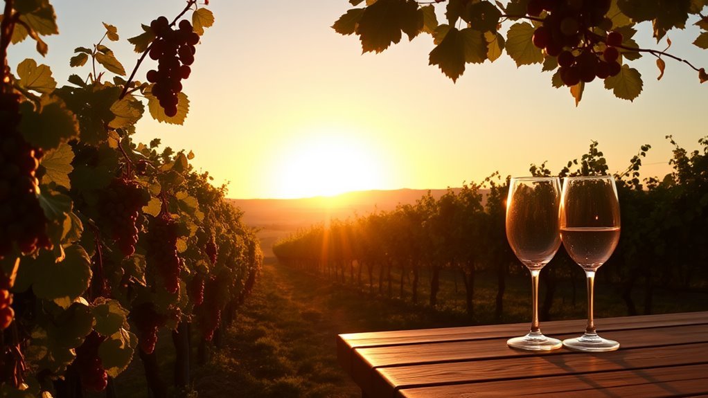A sun-kissed vineyard at golden hour, lush grapevines heavy with ripe clusters, elegant wine glasses glistening, and a rustic wooden table set for a tasting