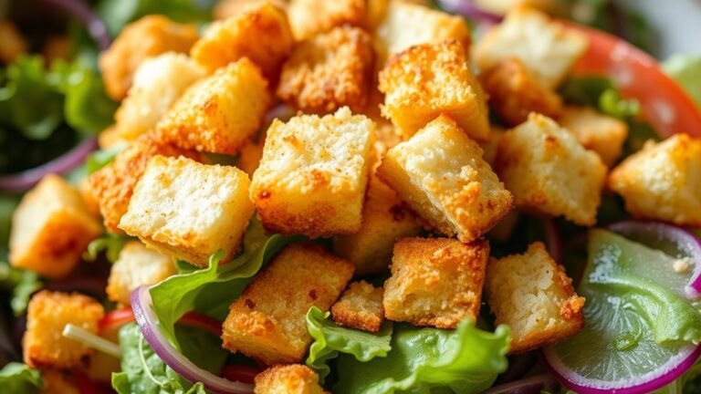 A close-up of a vibrant salad topped with golden, crispy croutons, glistening in natural light, with fresh greens and colorful vegetables beautifully arranged