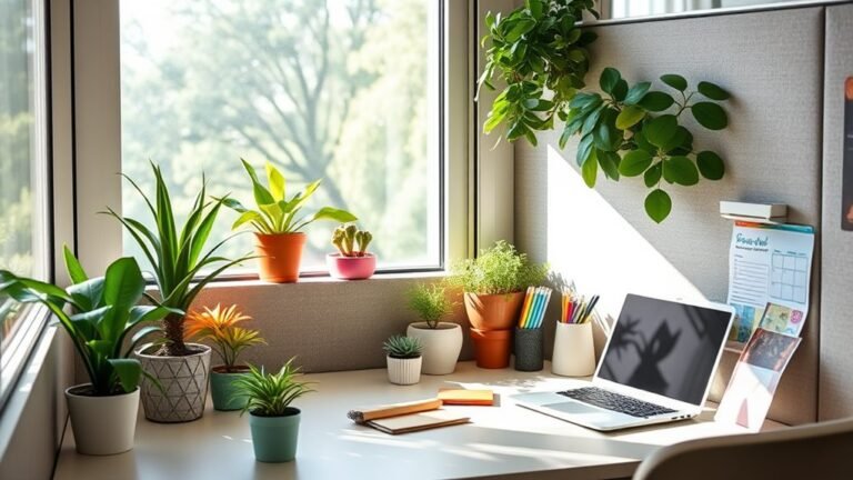 A bright, cozy cubicle adorned with potted plants, colorful stationery, and a laptop, bathed in soft natural light, capturing the essence of National Cubicle Day