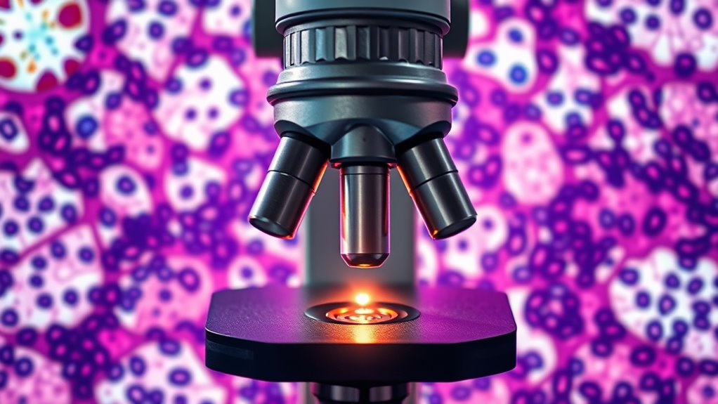 A close-up of a shimmering microscope surrounded by vibrant cytology slides, natural lighting highlighting intricate cellular details, centered composition, shot in elegant IMAX 70mm