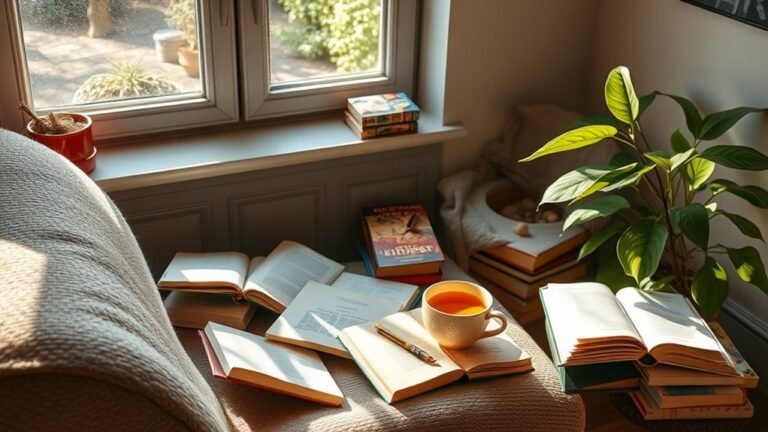 A cozy reading nook with a plush armchair, scattered books, a steaming cup of tea, sunlight streaming through a window, and a vibrant plant in the corner